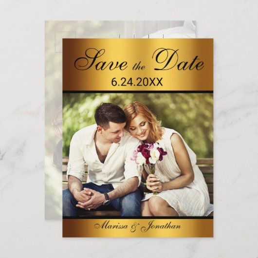 ラグジュアリーブラック金ゴールドフォトウェディング日付を保存 案内ポストカード (正面/裏面)