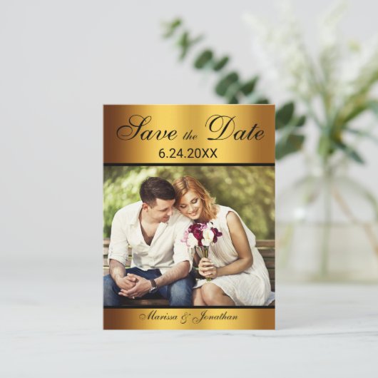 ラグジュアリーブラック金ゴールドフォトウェディング日付を保存 案内ポストカード (スタンド正面)