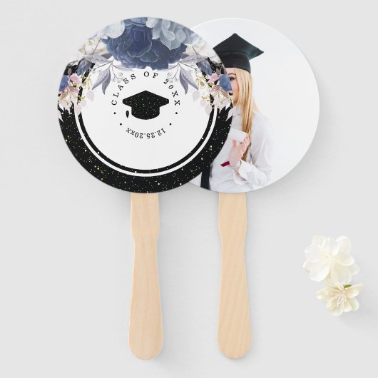 ラグジュアリーブラック金ゴールドフォトフローラ卒業 ハンドファン (正面&裏面)