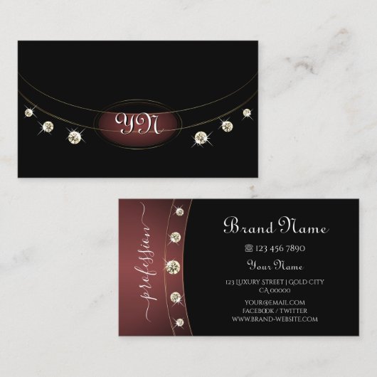 ラグジュアリーブラック金ゴールドブルゴーニュイニシャルラインストーンズ 名刺 (正面/裏面)
