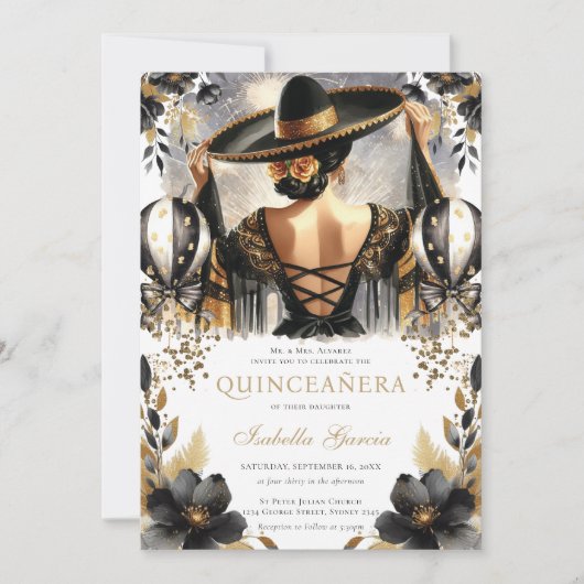 ラグジュアリーブラック金ゴールドメキシコスタイルキンセアニラ 招待状 (正面)
