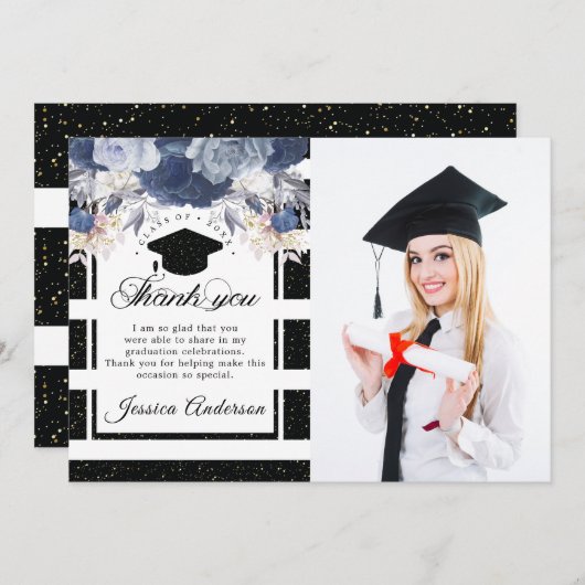 ラグジュアリーブラック金ゴールド卒業写真サンキューカード 招待状 (正面/裏面)