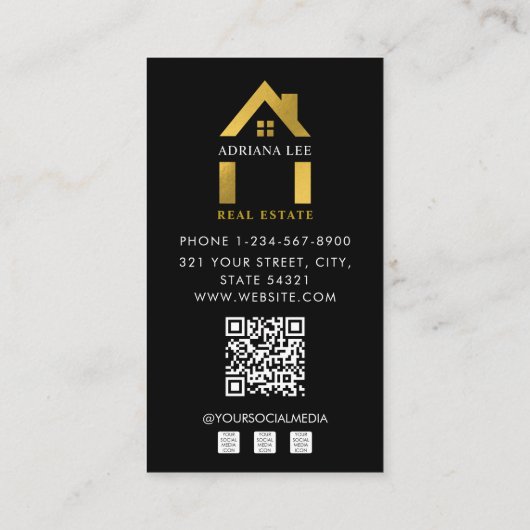 ラグジュアリーブラック金ゴールド実在フォトエステートエージェントQRコード 名刺 (裏面)