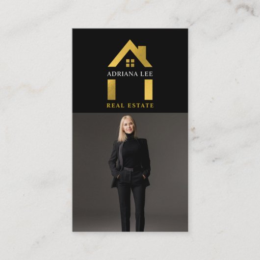 ラグジュアリーブラック金ゴールド実在フォトエステートエージェントQRコード 名刺 (正面)