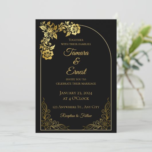 ラグジュアリーブラック金ゴールド王室の結婚式招待状カード 招待状 (スタンド正面)