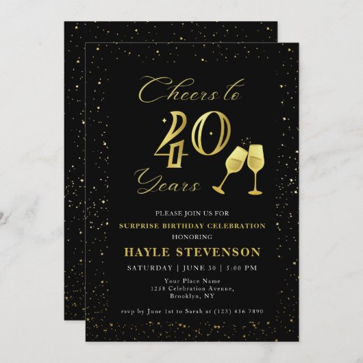 ラグジュアリーブラック金ゴールド紙吹雪応援から40歳の誕生日 招待状 (正面/裏面)