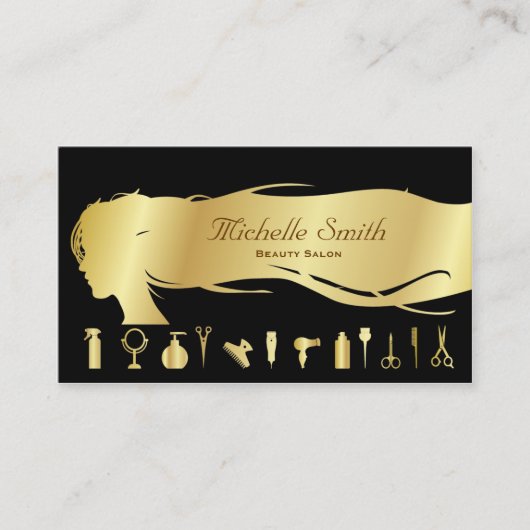 ラグジュアリーブラック金ゴールド美容師美しいサロン 名刺 (正面)