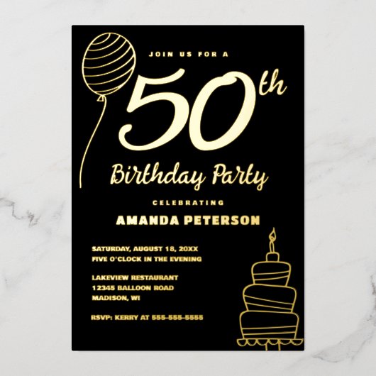 ラグジュアリーブラック50thバースデーパーティー実在金ゴールド 箔招待状 (正面)