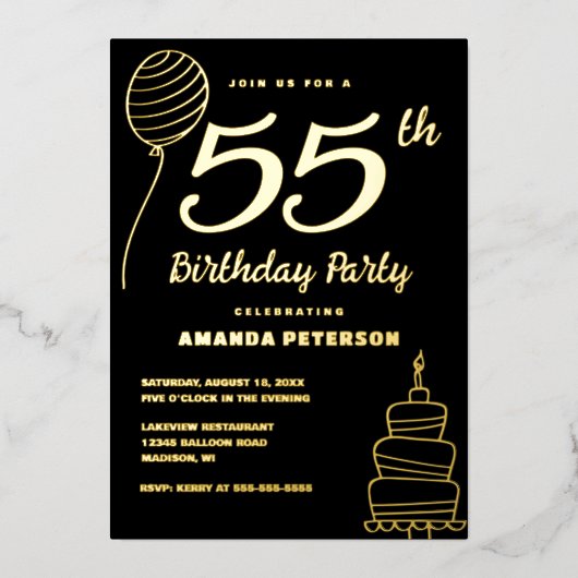 ラグジュアリーブラック55thバースデーパーティー実在金ゴールド 箔招待状 (正面)
