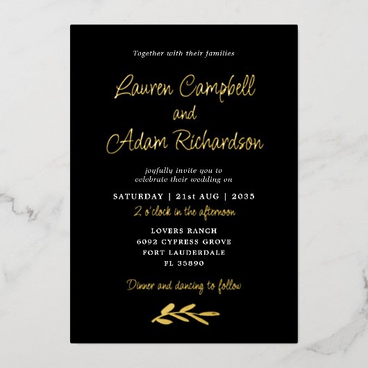 ラグジュアリーブラック&ゴールドフォイル結婚式招待状 箔招待状 (正面)