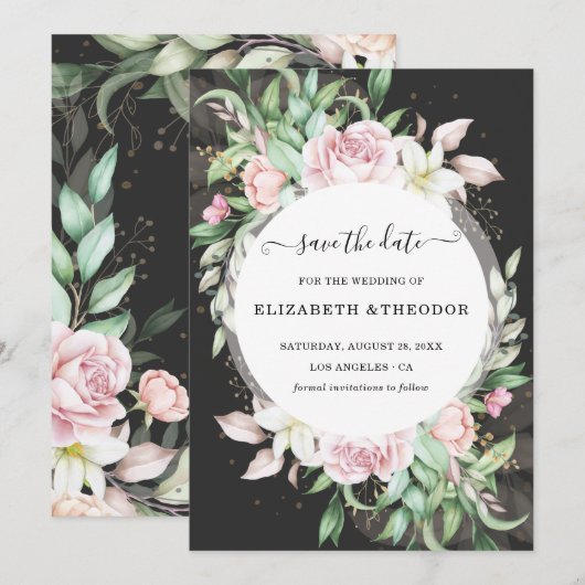 ラグジュアリーブラック&ピンク結婚フローラ セーブザデート (正面/裏面)