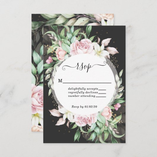 ラグジュアリーブラック&ピンク結婚フローラ 出欠カード (正面/裏面)