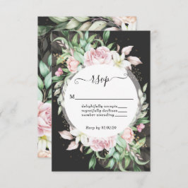 ラグジュアリーブラック&ピンク結婚フローラ 出欠カード