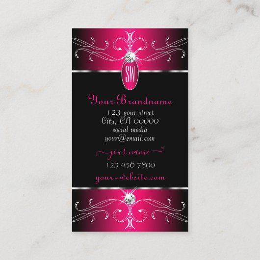 ラグジュアリーブラック&ピンク華美オーナメントモノグラム 名刺 (裏面)