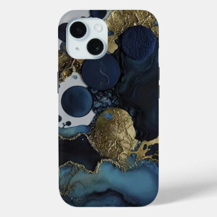 ラグジュアリーブラック&ブルー金ゴールドウォーターカラー iPhone 15ケース
