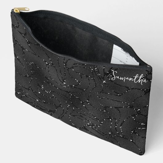 ラグジュアリーブラック&ホワイトのスパークルスパターン アクセサリーポーチ (見開き)