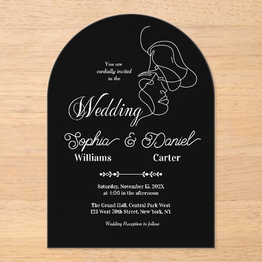ラグジュアリーブラック&ホワイト結婚ズシック芸術的カップル アクリル招待状 (正面)