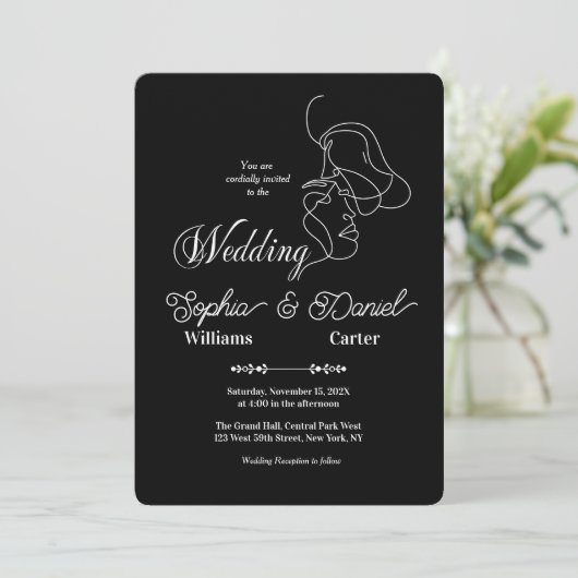 ラグジュアリーブラック&ホワイト結婚ズシック芸術的カップル 招待状 (スタンド正面)