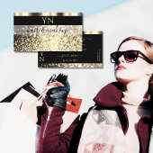 ラグジュアリーブラック&金ゴールドきらめくグリッターモノグラム 名刺