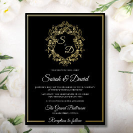 ラグジュアリーブラック&金ゴールドエレガクラシックントウェディング 箔招待状