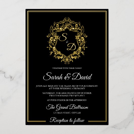ラグジュアリーブラック&金ゴールドエレガクラシックントウェディング 箔招待状 (正面)