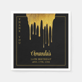 ラグジュアリーブラック&金ゴールドグリッタードリップスウィート16誕生日 スタンダードカクテルナプキン