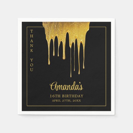 ラグジュアリーブラック&金ゴールドグリッタードリップスウィート16誕生日 スタンダードカクテルナプキン (正面)