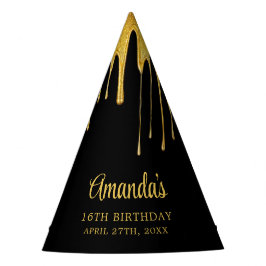 ラグジュアリーブラック&金ゴールドグリッタードリップスウィート16誕生日 パーティーハット