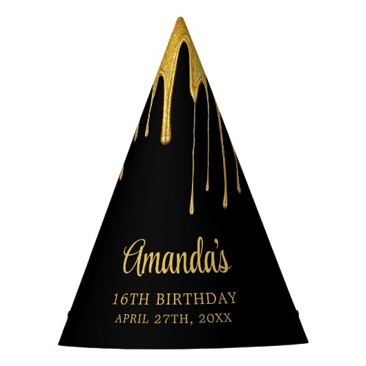 ラグジュアリーブラック&金ゴールドグリッタードリップスウィート16誕生日 パーティーハット (正面)