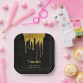 ラグジュアリーブラック&金ゴールドグリッタードリップスウィート16誕生日 ペーパープレート (パーティー)