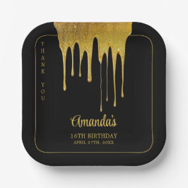 ラグジュアリーブラック&金ゴールドグリッタードリップスウィート16誕生日 ペーパープレート