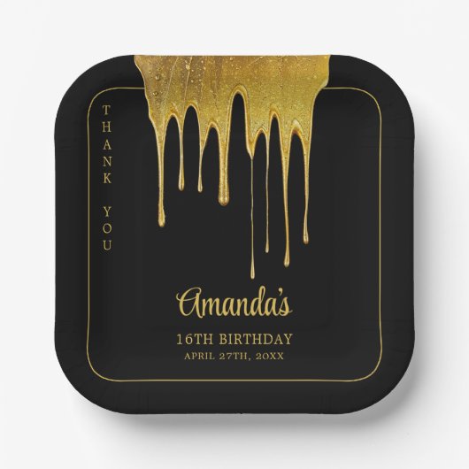 ラグジュアリーブラック&金ゴールドグリッタードリップスウィート16誕生日 ペーパープレート (正面)