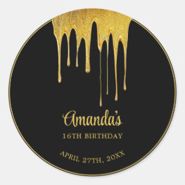ラグジュアリーブラック&金ゴールドグリッタードリップスウィート16誕生日 ラウンドシール