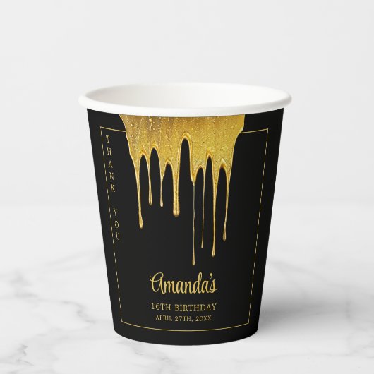 ラグジュアリーブラック&金ゴールドグリッタードリップスウィート16誕生日 紙コップ (正面)