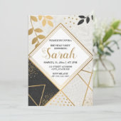 ラグジュアリーブラック&金ゴールドグリッターモダン誕生日 招待状 (スタンド正面)