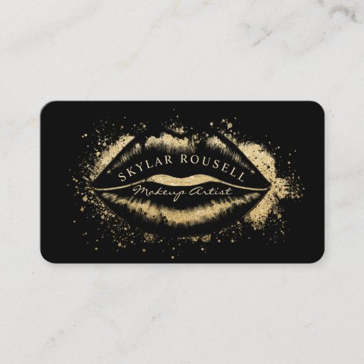 ラグジュアリーブラック&金ゴールドグリッターリップメイクアップアーティスト 名刺 (正面)