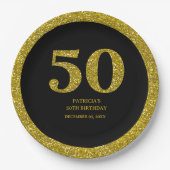 ラグジュアリーブラック&金ゴールドグリッター50thバースデーパーティー ペーパープレート (正面)