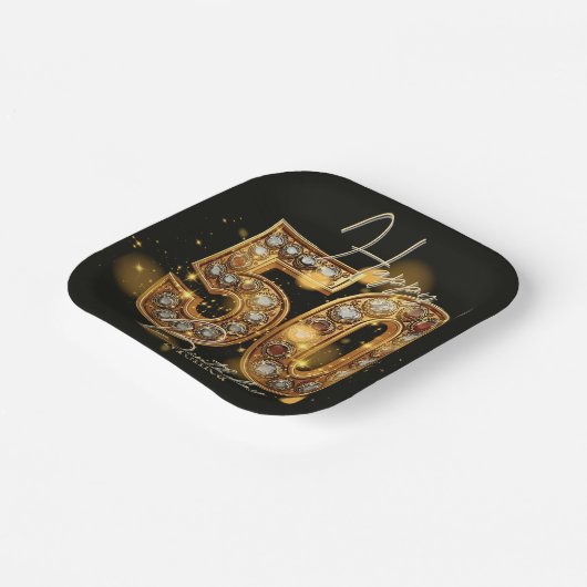 ラグジュアリーブラック&金ゴールドジェムストーン50誕生日 ペーパープレート (傾斜あり)