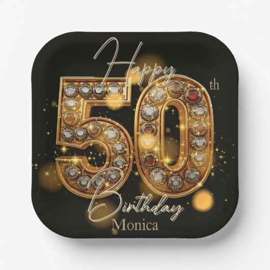 ラグジュアリーブラック&金ゴールドジェムストーン50誕生日 ペーパープレート (正面)