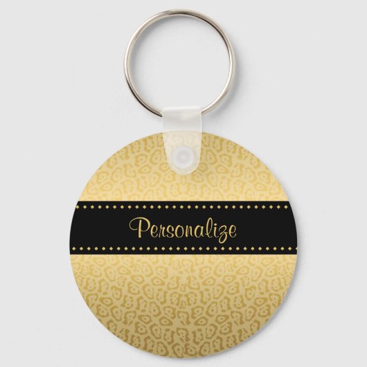 ラグジュアリーブラック&金ゴールドジャガープリントウィズネーム キーホルダー (正面)