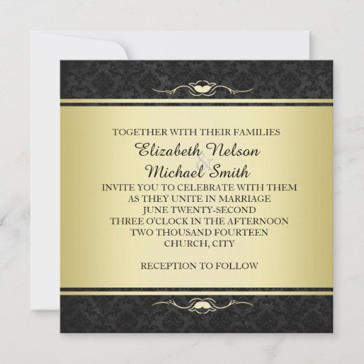 ラグジュアリーブラック/金ゴールドダマスクウェディング招待状 招待状 (正面)