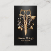 ラグジュアリーブラック&金ゴールドフローラシザー美容師 名刺 (正面)