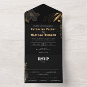 ラグジュアリーブラック&金ゴールドフローラミニマリストエレガント オールインワン招待状 (内側)
