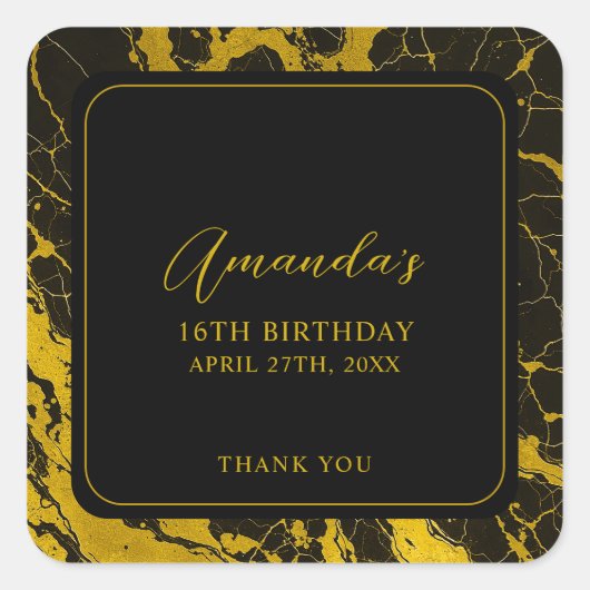 ラグジュアリーブラック&金ゴールドマーブルスウィート16誕生日 スクエアシール (正面)