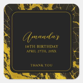 ラグジュアリーブラック&金ゴールドマーブルスウィート16誕生日 スクエアシール