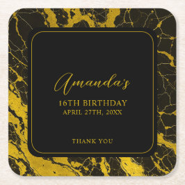 ラグジュアリーブラック&金ゴールドマーブルスウィート16誕生日 スクエアペーパーコースター