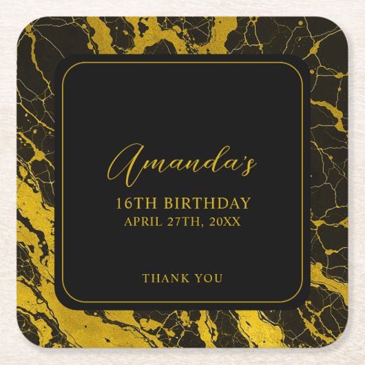 ラグジュアリーブラック&金ゴールドマーブルスウィート16誕生日 スクエアペーパーコースター (正面)