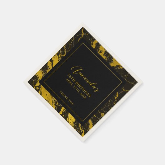 ラグジュアリーブラック&金ゴールドマーブルスウィート16誕生日 スタンダードカクテルナプキン (角)