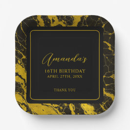 ラグジュアリーブラック&金ゴールドマーブルスウィート16誕生日 ペーパープレート