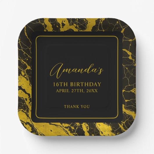 ラグジュアリーブラック&金ゴールドマーブルスウィート16誕生日 ペーパープレート (正面)